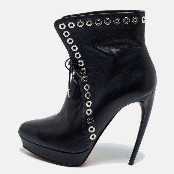 Alexander Mcqueen Black Leather Eyelet Detail Platform Ankle Booties Size 36